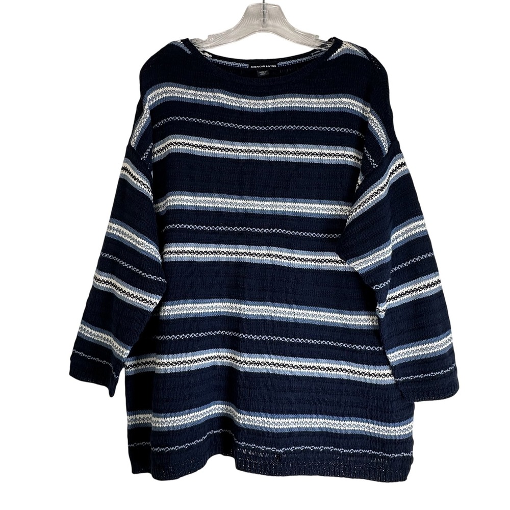 American Living Womens XL Navy Blue Striped Cotton Linen Knit Sweater NWT